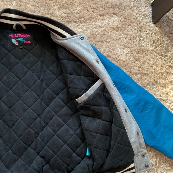 Large Leather Pink Dolphine Bomber Varsity Jacket - Picture 5 of 6